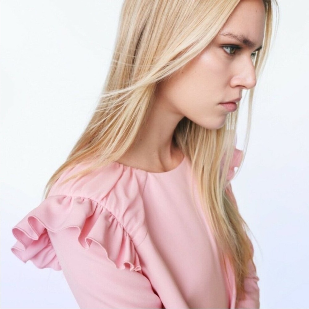 ZARA Bubblegum Pink Ruffle Hem & Shoulders Mini Dress Long Sleeve Sz L - Picture 7 of 16